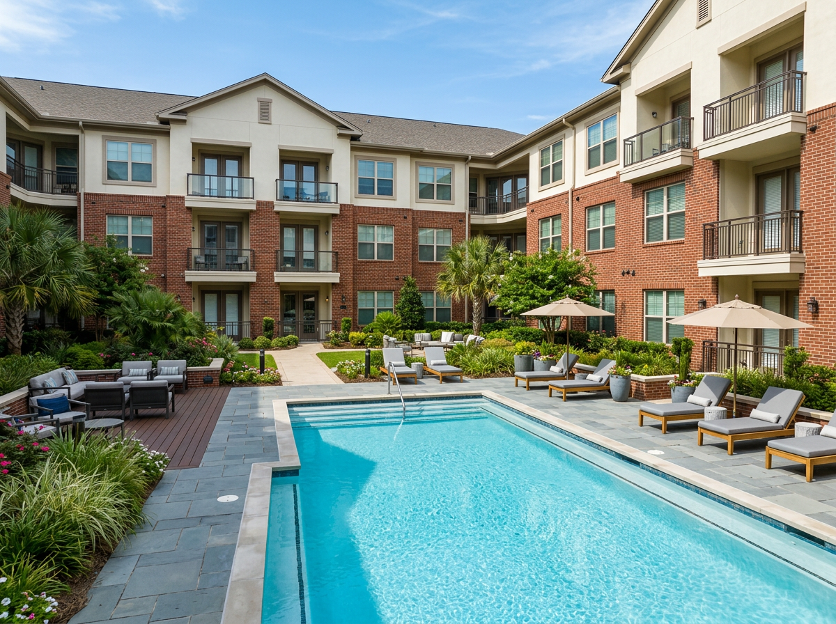 Multifamily courtyard with pool and landscaped lounge areas