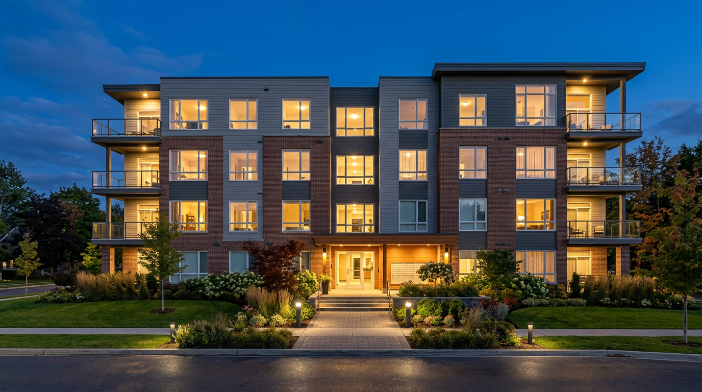 Modern four-story multifamily apartment building lit at dusk